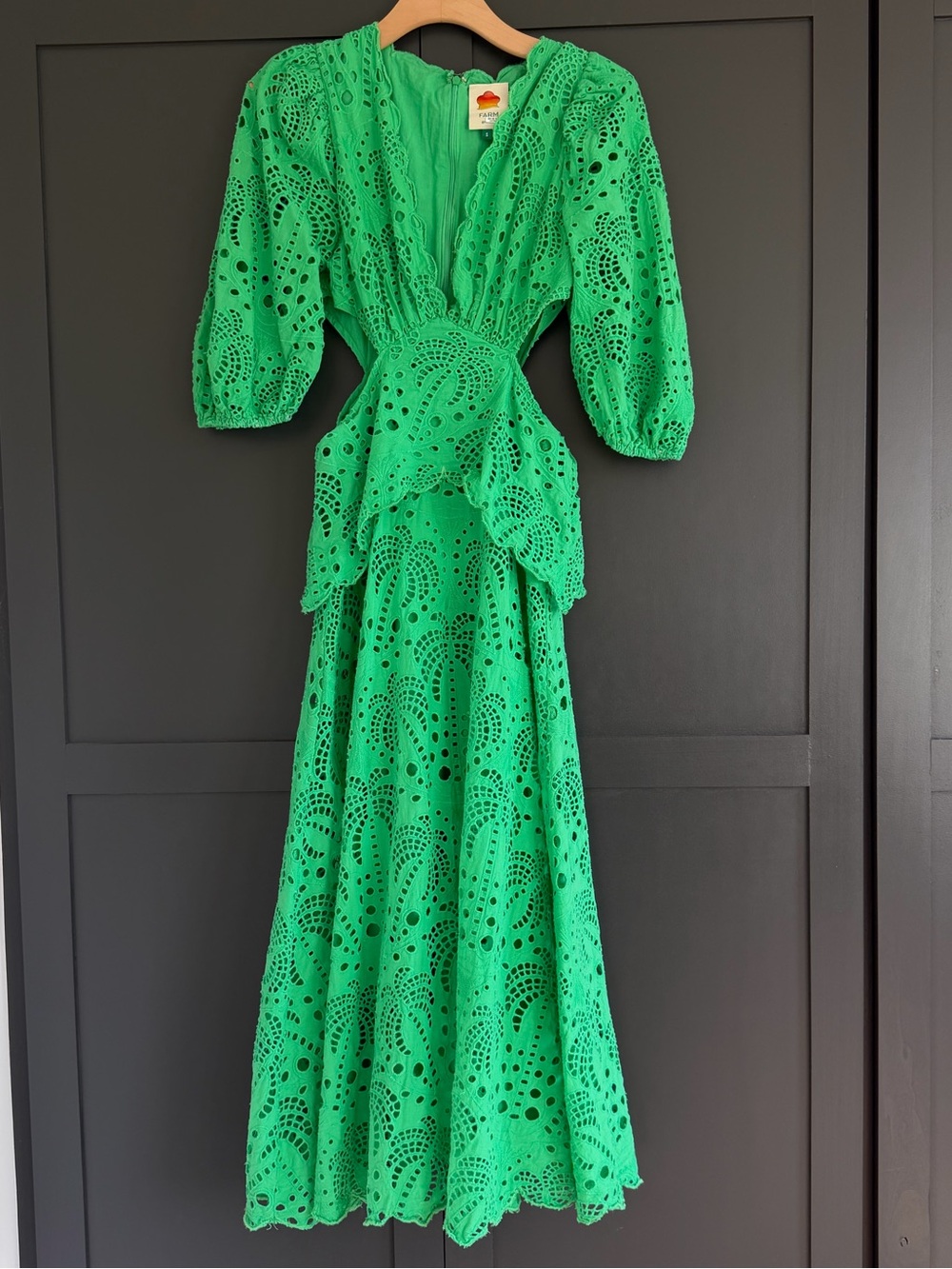 FARM Rio Green Richelieu Cutwork Midi Dress S